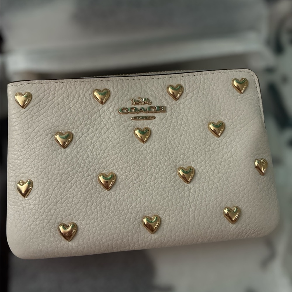 Coach Cream and Gold Heart-Embellished Clutch